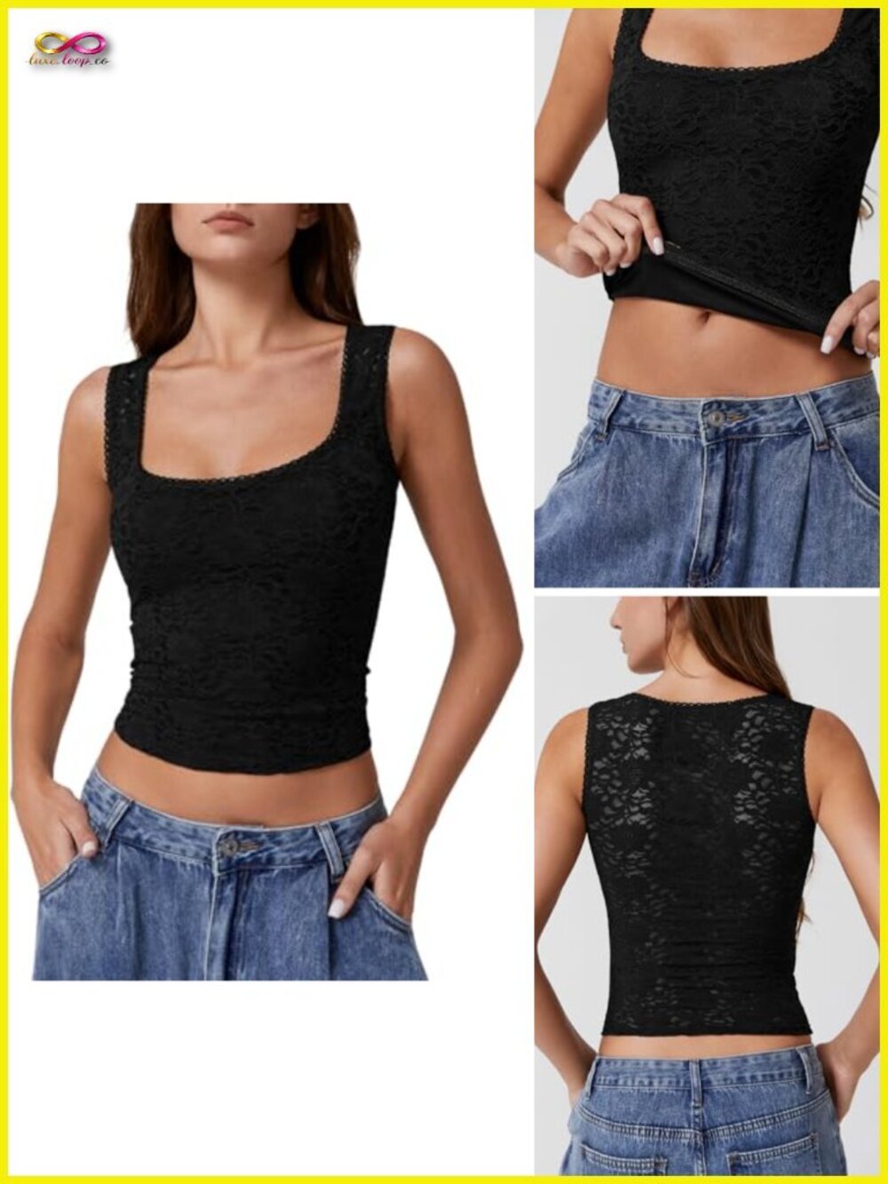 Sleeveless Square Neck Lace Trim Double-Layer Tank Top